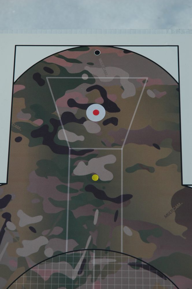 If you brain fade and aim at the center of the head, the projectile will strike 2.5" below (represented by the yellow dot). It isn't rocket science, but it is reality.