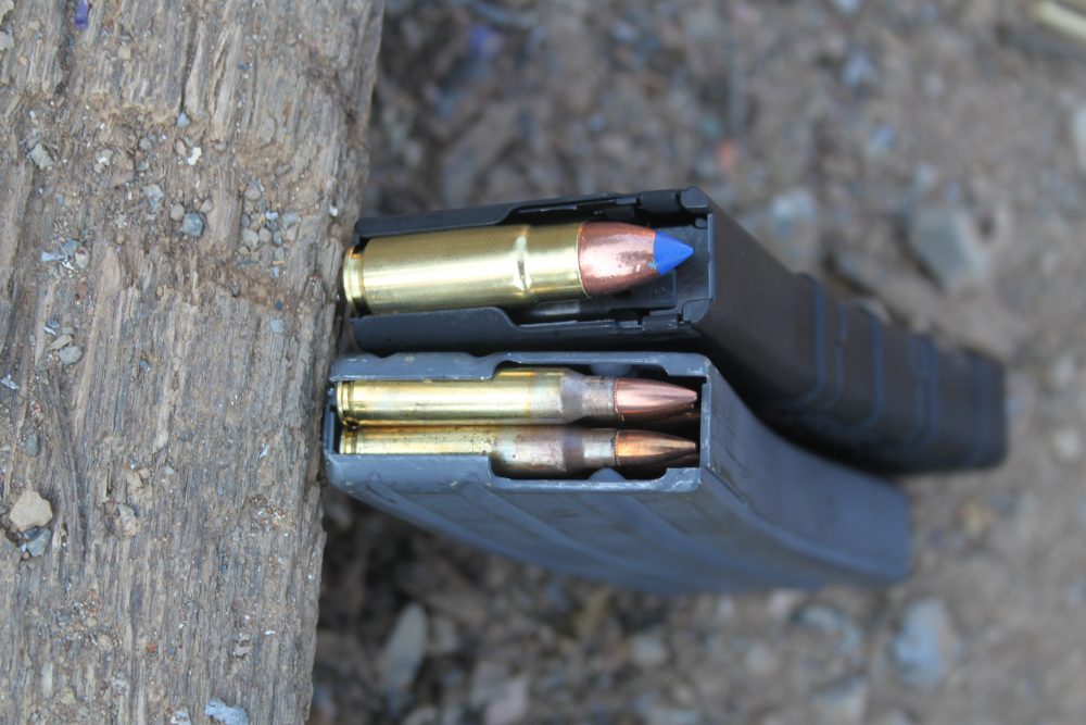 .458 SOCOM rounds are loaded single stack into AR-15-size magazines. .458 SOCOM rounds are loaded single stack into AR-15-size magazines.