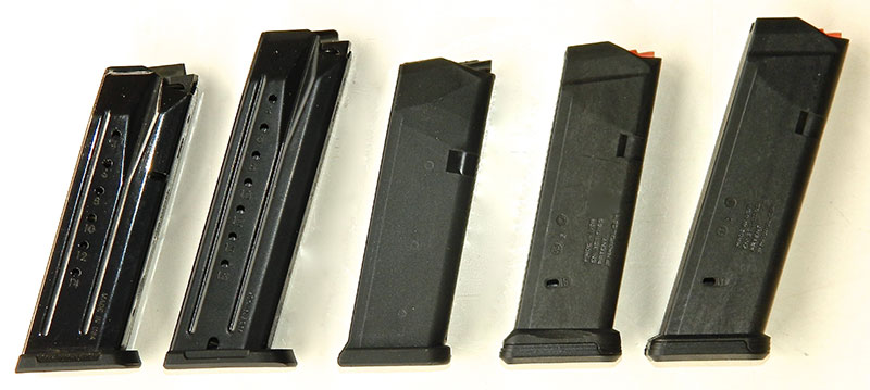 PC Carbine was evaluated with (left to right): Security-9 15-round, SR-9 17-round, OEM Glock and Glock PMAG 15-rounders, and Glock PMAG 17-round.