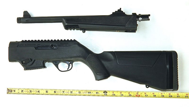 When taken down, Ruger PC Carbine is less than two feet long. Here, charging handle has been moved to left side.