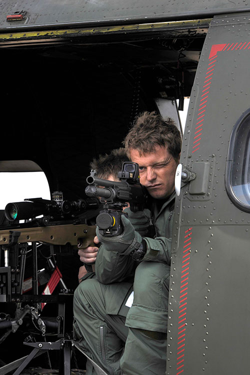 Snipers/countersnipers from RAF Regiment on heliborne duty during London Olympics. Both L128A1 shotgun and L115A1 .338 LM sniping rifle on a mount are available, depending on the threat. Photo: RAF Regiment