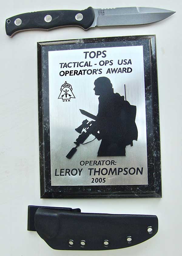 TOPS Knives has always encouraged military and law enforcement personnel, including awards for operators. Mini SERE Operator with one of TOPS’ awards. 