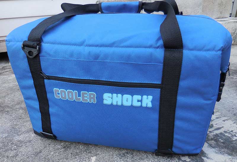 Cooler Shock 24-hour no-ice, soft-sided cooler is available in two sizes: 24 and 48 can (48-can model shown here). Soft cooler is designed with R5 insulation and features carry handles and adjustable shoulder strap.