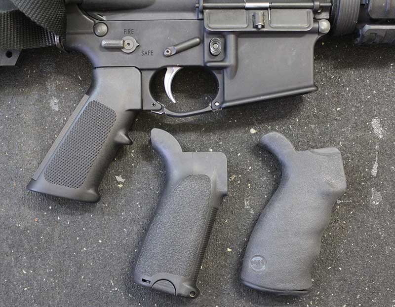 Just about every aftermarket grip on the planet is better than the milspec A2. Two of author’s favorites are BCM GUNFIGHTER (center) and Ergo Grip.