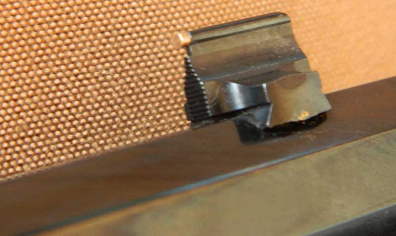 Sights on Navy Arms carbine consist of Marble semi-buckhorn rear with gold-bead front sight.