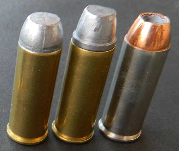 Loads author uses in .45 include, left to right: 230-grain flat nose, round point, and 255-grain semiwadcutters and 230-grain hollow points.