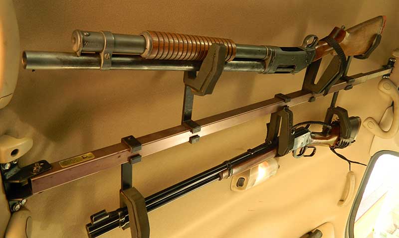 In an age when braced AR pistols are all the rage to carry in vehicles, Hansen still relies on Winchester Model 94 .30-30 and Winchester Model 1897 shotgun in a Big Sky Racks two-gun roof rack in his truck.