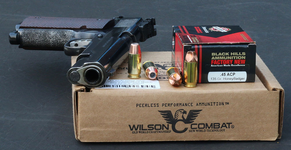 .45 ACP shooters can move beyond traditional hardball with Black Hills’ HoneyBadger defensive fluted copper cartridges or Wilson Combat’s Signature Match loads.