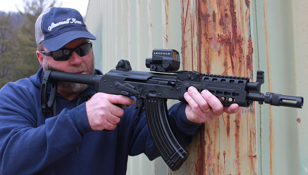 Quick double take is needed when initially viewing Krebs PD-18 AK pistol, due to stabilizing brace.