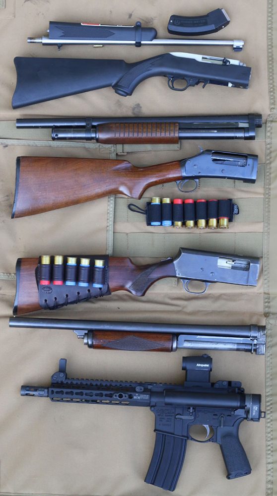 Variety of takedowns spanning multiple applications and eras were tested. Top to bottom: Ruger 10/22 Takedown, 97 Winchester, Stevens 520, and BCM Recce 9 .300 Pistol.