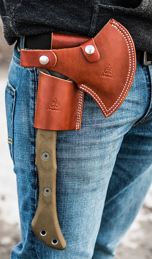 Hammer Hawk comes with two-piece brown leather sheath system that features blade cover and belt frog for carry. Belt frog has pouch with Kydex insert for Backup knife. Photo: courtesy TOPS Knives