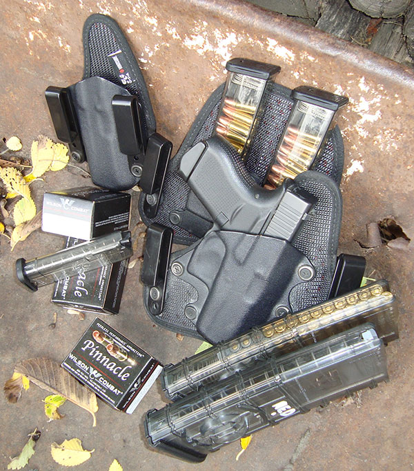 ETS clear mags in nine- and 12-round capacities, and their clip-together AR-15 30-rounders, worked well in testing. Seven-rounder for Glock would seat only when loaded with six rounds. Stealth Gear ended author’s search for secure, comfortable G43 rig with enough forward rake. Wilson Combat’s loading of superlative Barnes 115-grain all-copper TAC-X bullet is on the milder side for compact pistols, resulting in more reliability and shootability.