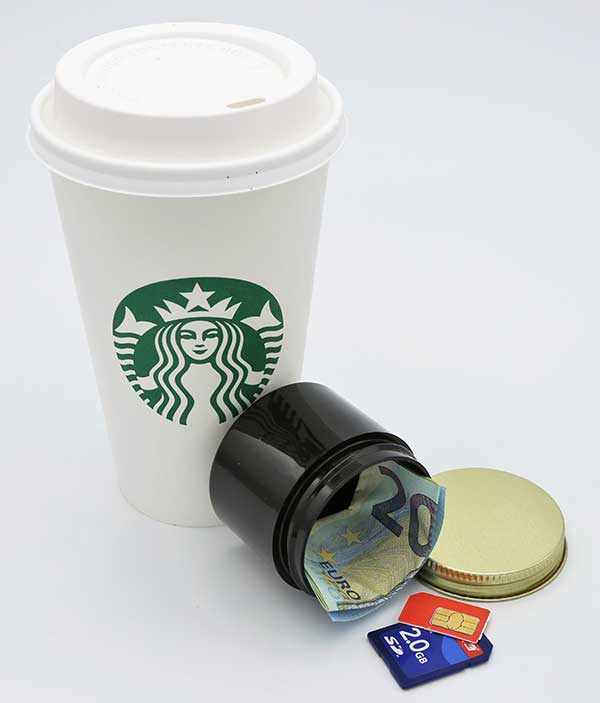 Covert Coffee with money and SD cards in waterproof container. Container fits most store- and café-bought cups.