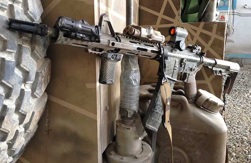 Author’s teammate’s customized M4A1 from Afghanistan tour was featured in TACTICAL CARBINE PART II: Foregrips, Lights, and Lasers, April 2015 S.W.A.T.