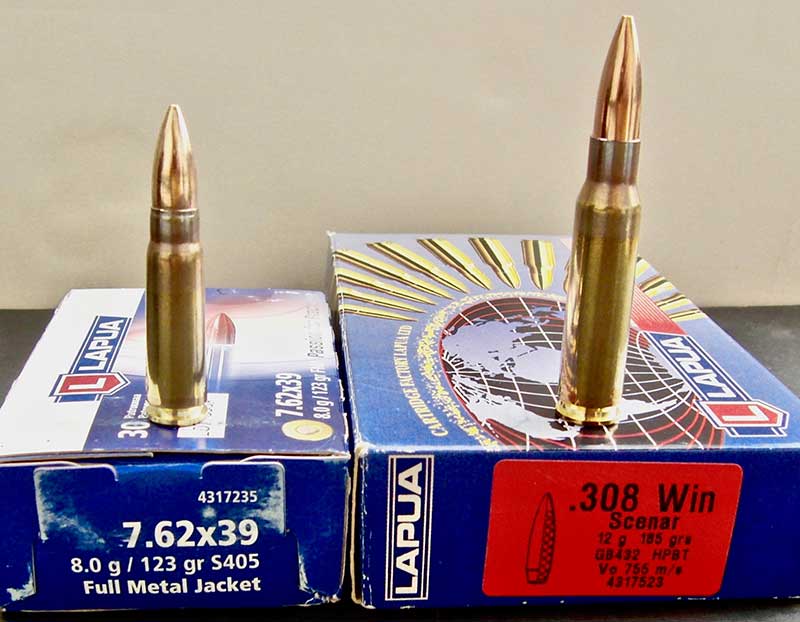 Two of Lapua loads tested by author: 7.62x39mm 123-grain (left) and .308 185-grain Scenar.