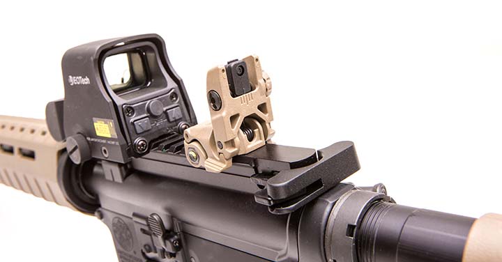 Magpul MBUS rear sight will co-witness with red dot sights.