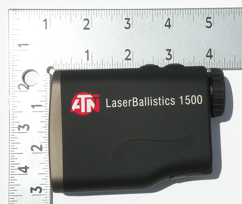 ATN LaserBallistics Rangefinder measures 4 3/8 x 3 inches.