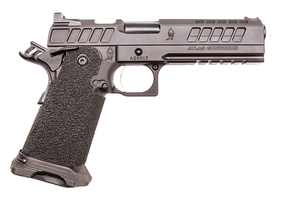 Right side of pistol shows ambidextrous safety. Large machined-out area behind ejection port is for weight reduction.