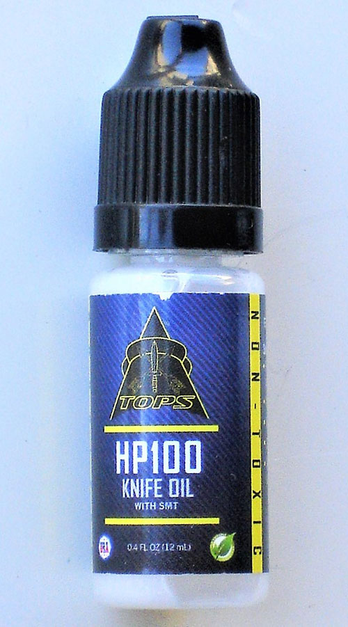 TOPS Mini Pry Knife comes with bottle of HP100 Knife Oil with SMT. It protects, lubricates, and reduces wear. It’s 100% synthetic, non-toxic, and non-flammable.