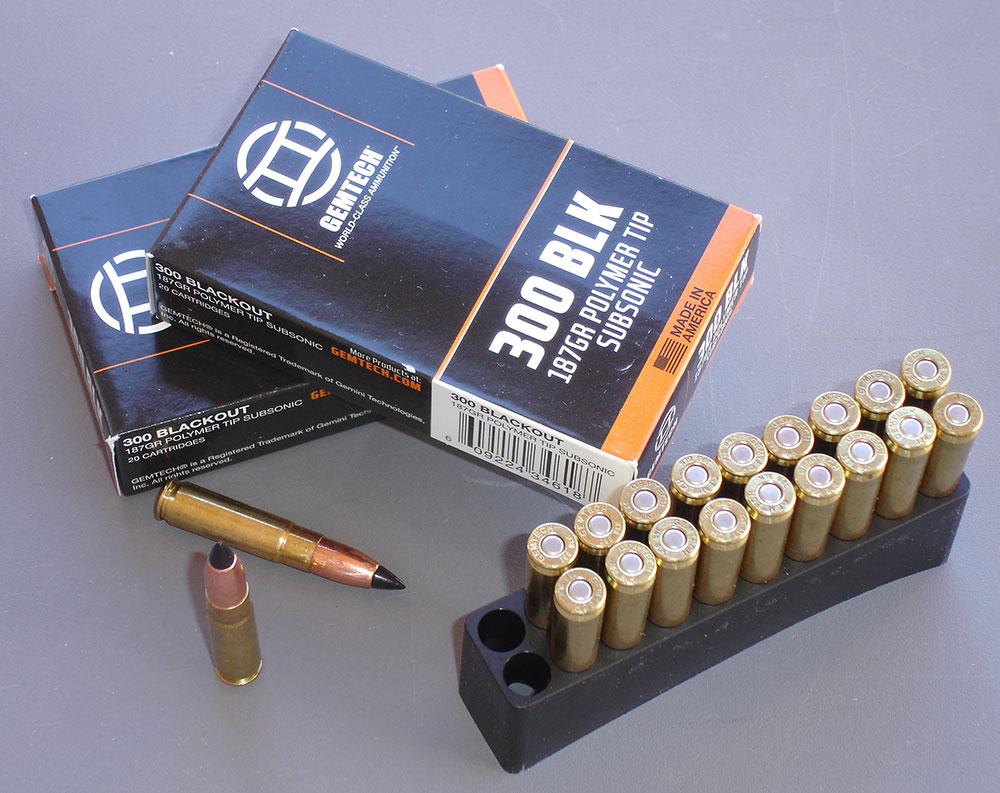 Gemtech .300 BLK 187-grain subsonic ammunition is tipped with polymer to increase ballistic coefficient and for maximum expansion upon impact.
