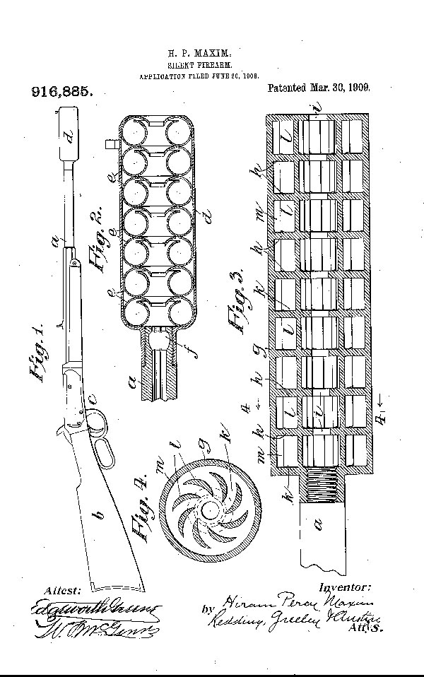 Drawing from patent application for Silent Firearm filed by Hiram Percy Maxim in 1908. Although today’s suppressors are more sophisticated, they work in the same way. Photo: U.S. Patent Office