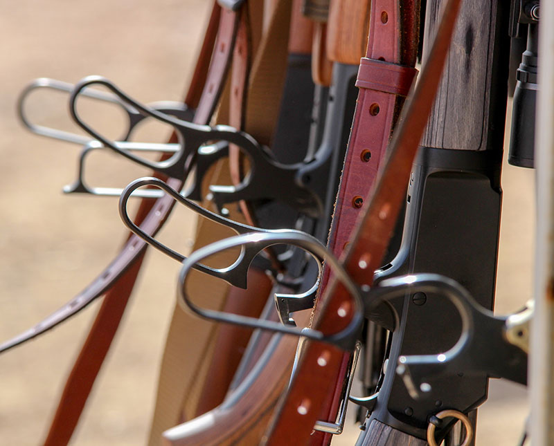 Rack full of lever-action rifles awaits action at Gunsite Academy during The Craft of the Lever Gun event.