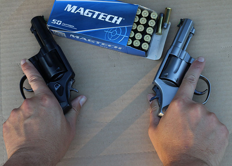 A simple way to build skill shooting the handgun with either hand is to challenge yourself to a shoot off. A little friendly competition makes training more effective. Matched pair like these custom Defensive Creations three-inch K-Frames not required.