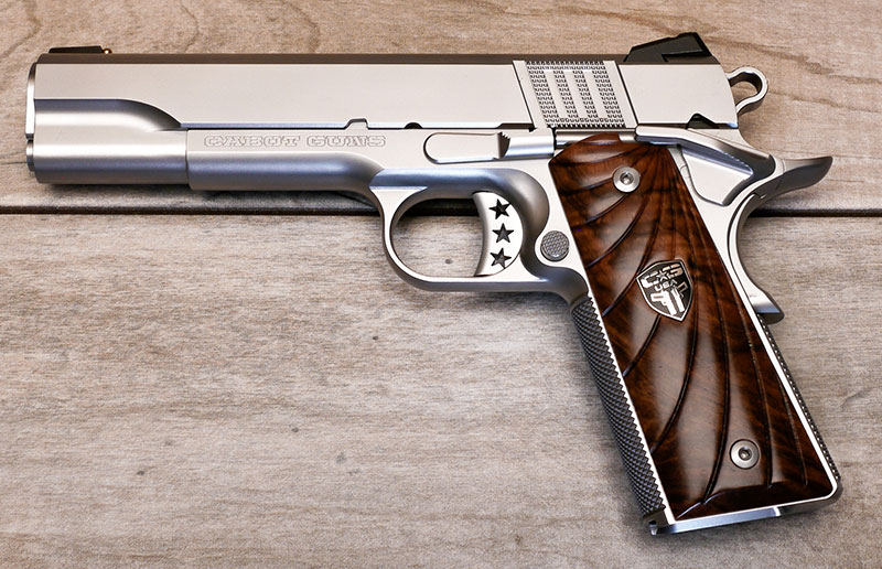 Modern components such as beavertail grip safety and enlarged solo thumb safety have improved John Browning’s original design. Cabot has also developed an “idiot proof” slide stop that will not scratch receiver during reassembly.