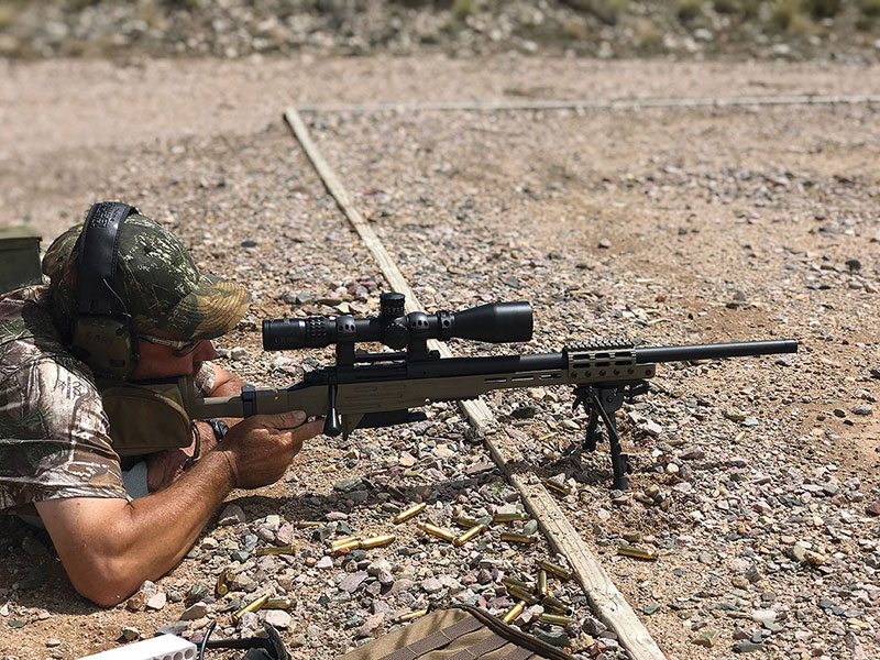Gary Smith, Gunsite long-range rifle instructor, fires Kimber AT SOC II.