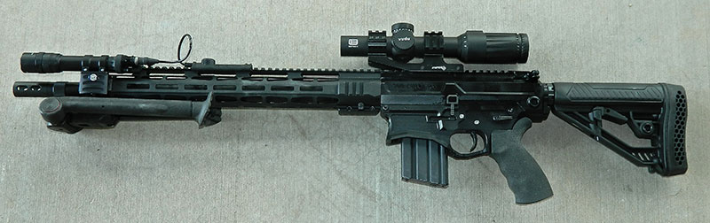 AR500 as tested with EOTech scope, TangoDown bipod, and SureFire Scout Light.