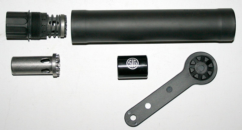 SRD9 kit consists of tube and baffles, two pistons with different diameter barrel threads, spacer for fixed barrel pistols, and disassembly/assembly wrench. Silencer is a direct thread device.