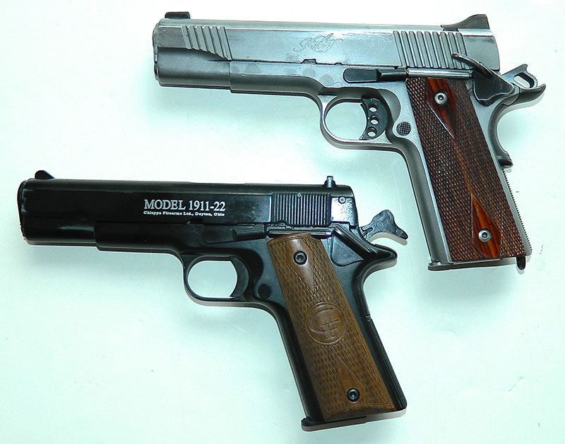 Using a near-duplicate of the EDC handgun that has the same manual of arms pays dividends in the long run. Kimber Classic .45 above Chiappa 1911-22.