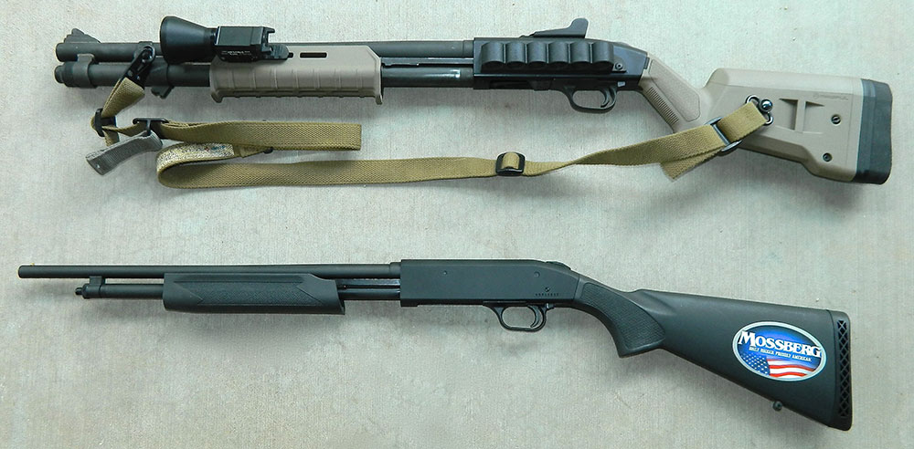 Minimal recoil and muzzle blast of Mossberg 500E .410 shotgun (bottom) allow neophyte to concentrate on stance and working the action before moving on to a larger bore such as Mossberg 590A1.