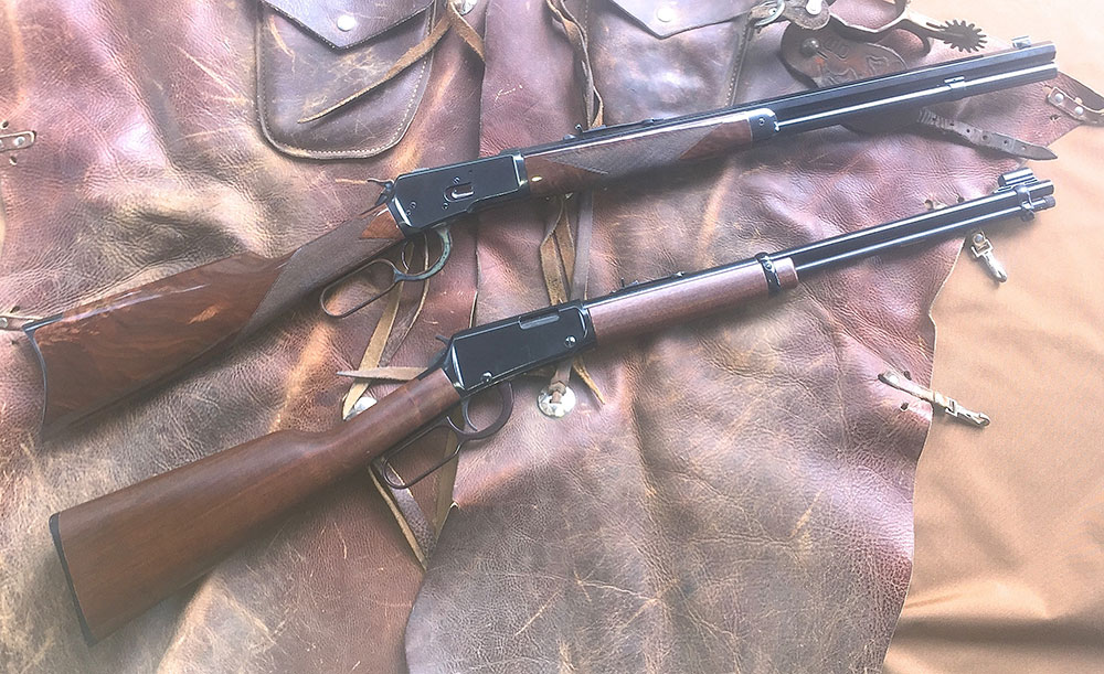 Henry Classic .22 is used as a subcaliber trainer for the Navy Arms Winchester 1892 chambered for .45 Colt (top).