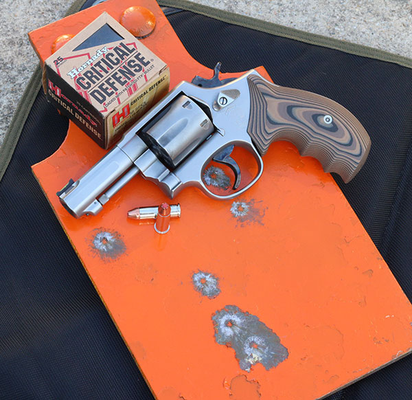 40-yard DA group with Hornady Critical Defense on Defense Targets steel. Double-action pull was so smooth that hitting at distance was easier than expected for a compact revolver.