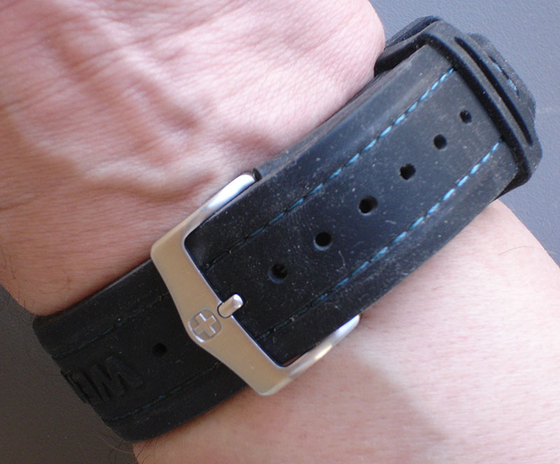 A-K Band on strap of Wenger Seaforce dive watch. Band is very low profile and comfortable when worn.