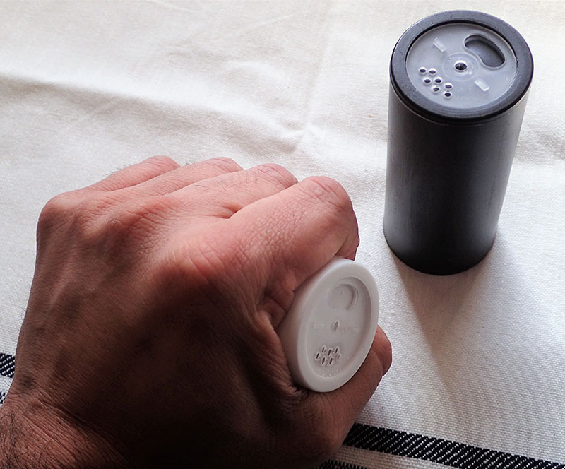 Salt shaker can be used in a hammer-fist technique, or you can open the shaker and splash salt in the attacker’s eyes.