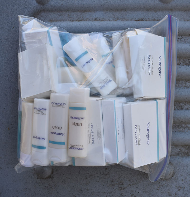 Store some common toiletries such as soap, shampoo, and toothpaste.