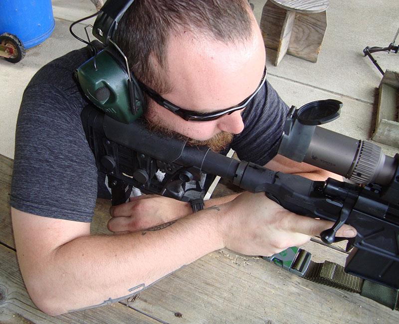 Will S. fine-adjusts CTK Precision rear monopod, easing reticle into perfect alignment with target.