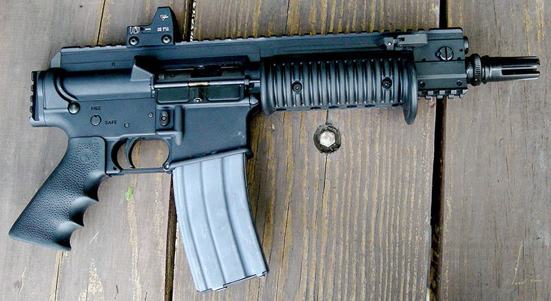 Trijicon RMR or other compact red dot aids accuracy with rifle-caliber pistol such as LAR-PPS/PDS.