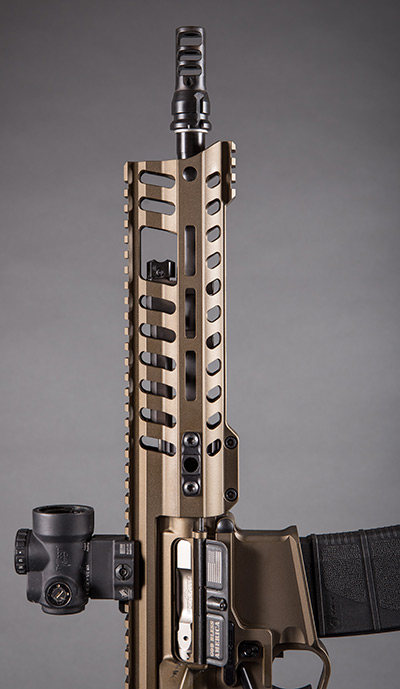 P415 features POF-USA’s newly redesigned Edge rail M-Rail handguard. Size has been reduced from the original by nearly 20%: Width is only 1.75 inches. It features full M-LOK compatibility; front top and bottom section of rail for sights, bipod, or other accessories; and four QD sling mount slots.