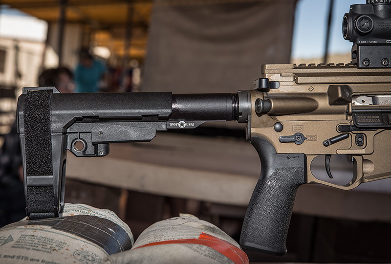 Here fully extended, five-position adjustable SBA3 Pistol Stabilizing Brace dramatically enhances versatility of P415 Pistol and provides SBR capability.