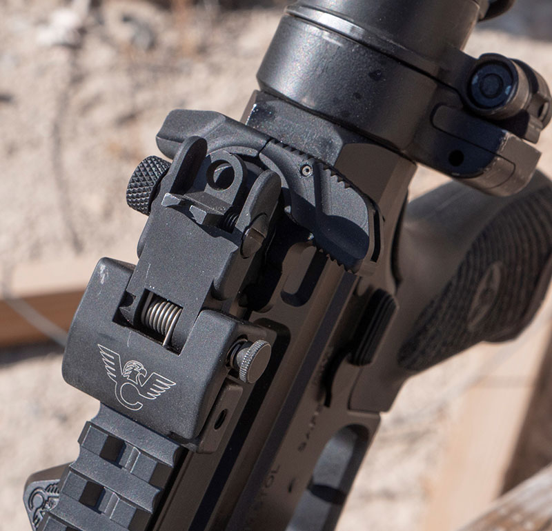 Wilson Combat rear sight folds flat, making it easy to add low-power variable optics while keeping irons at the ready if needed.