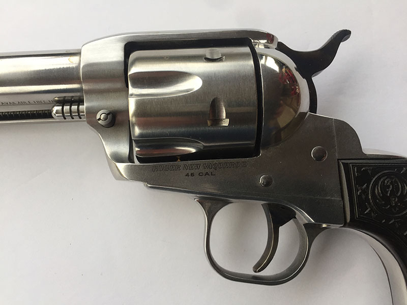 Tyler Gun Works color-cased hammer and trigger to contrast with stainless steel finish.