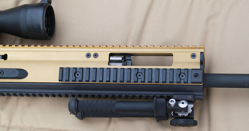 FN SCAR 20S features extended forend with gas system adjustable depending on if suppressor use is desired.