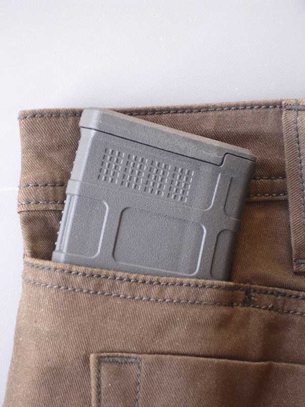 Defender-Flex line features traditional five-pocket styling (six pockets in the case of the women’s pant) with the addition of two hip mag pockets, for a total of seven pockets. Hip mag pockets are designed to discreetly hold 30-round AR magazines, such as this Magpul PMAG.