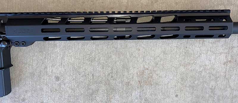 Free-float handguard’s Picatinny rail and M-LOK attachment points.