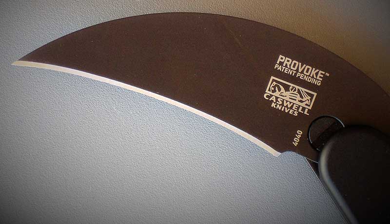 Provoke's 2.4-inch hawkbill blade is made of D2 semi-stainless tool steel. It holds an edge well and has titanium nitride finish for corrosion resistance.