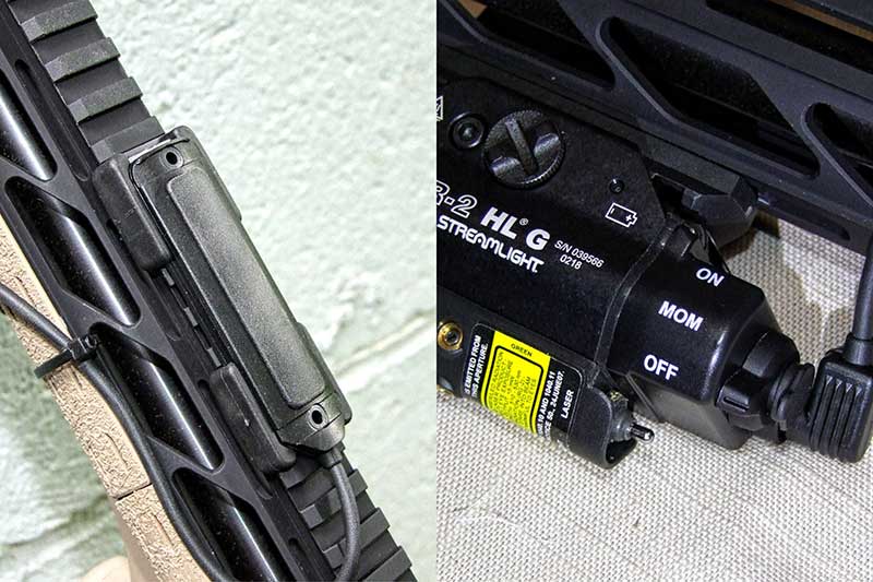 Streamlight TLR-2 HLG with pressure pad (left) and 69130 back plate to allow constant on or momentary light.