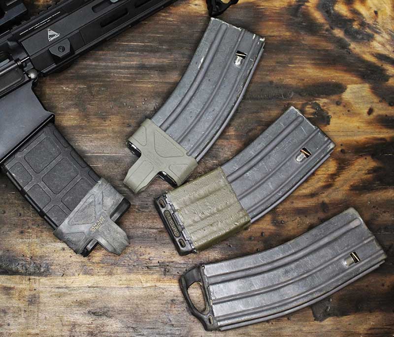 Magpul, the original magazine accessory maker, offers numerous items for upgrading magazines. Top to bottom: original Magpul, L-Plate, and Ranger Plate.